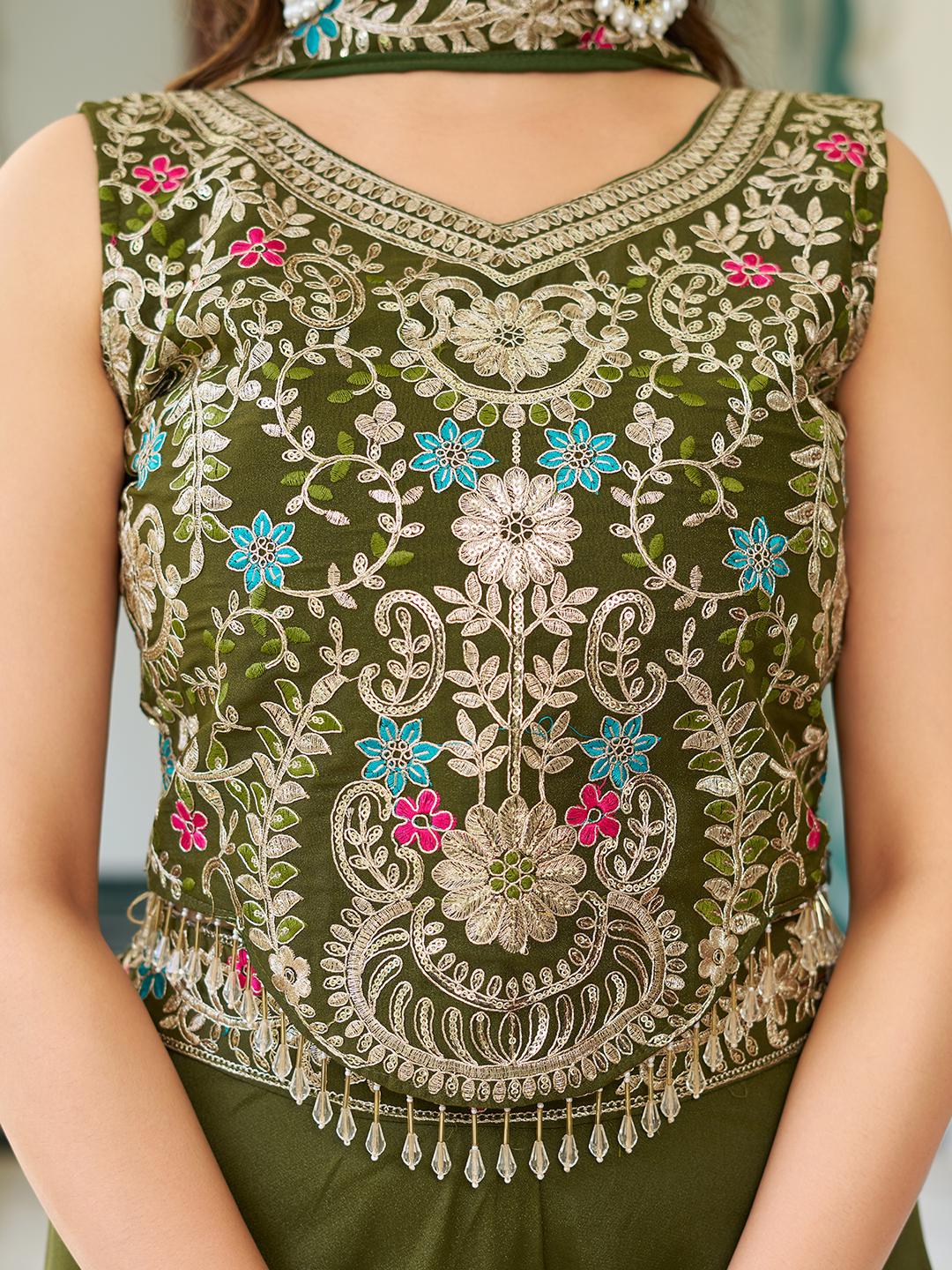 Elegant Mehndi Star Georgette Fully Stitched Palazzo Suit Set with Dupatta For Ceremonial - Image 4