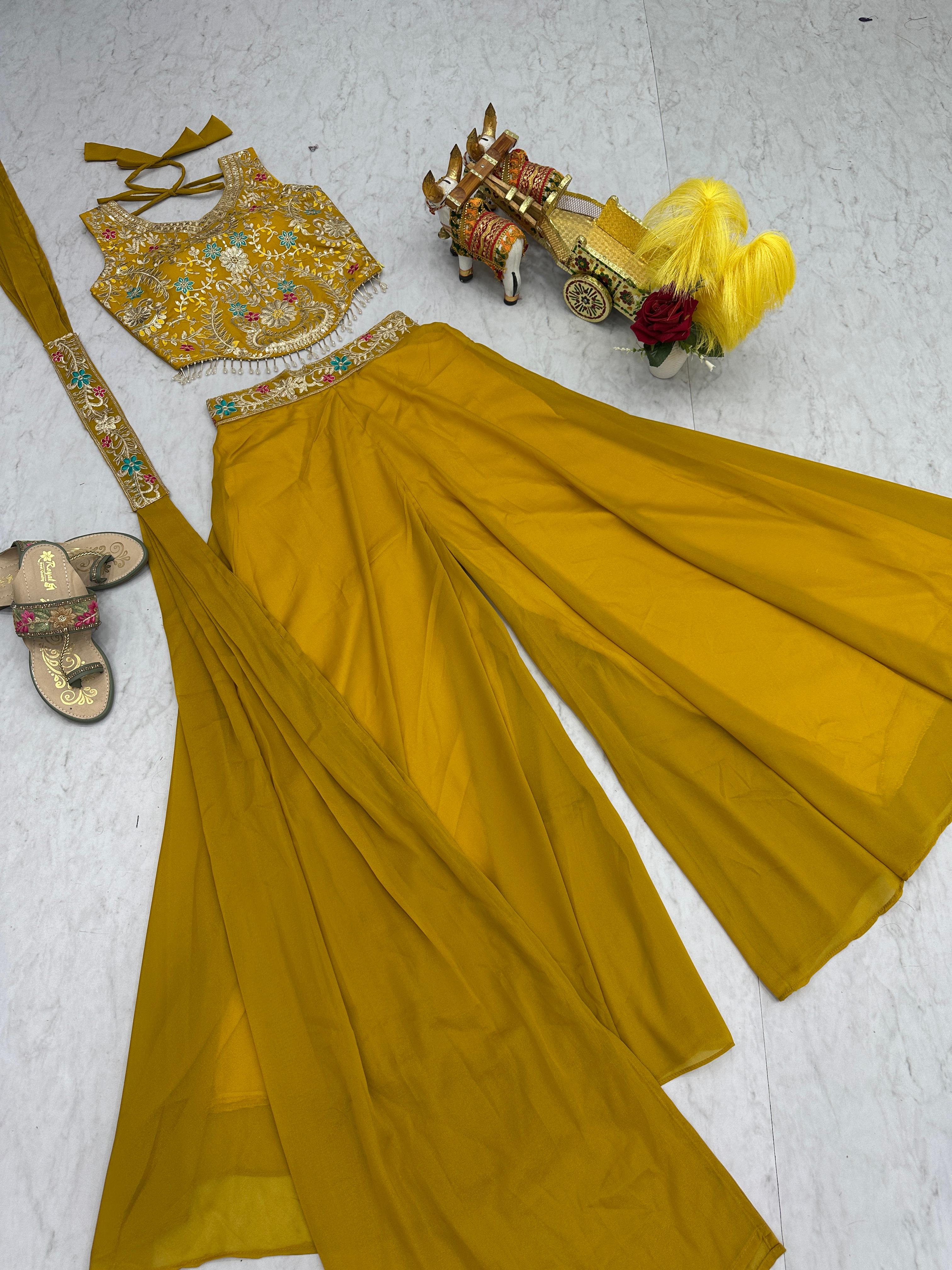 Mustard Star Georgette Party Wear Fully Stitched Embroidered Palazzo Suit Set with Dupatta - Image 4