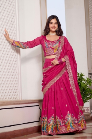 Elegant Vichitra Silk Embroidered Pink Lehenga Choli with Dupatta & Heavy Sequins Work For Wedding