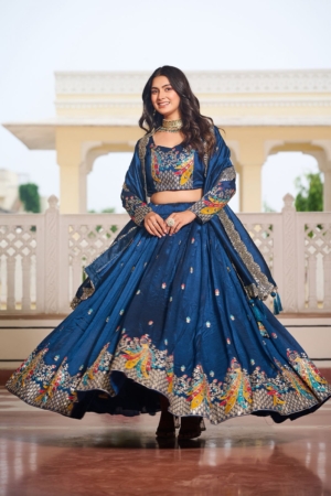 Blue Embroidered Vicitra Silk Ready To Wear Lehenga Choli For Engagement