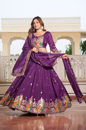 Purple Pure Vichitra Silk Embroidered Lehenga Choli with Dupatta For Festival