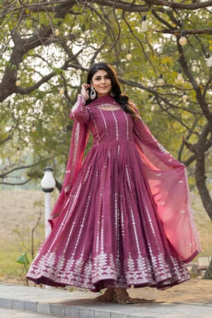 Embroidered Georgette Long Anarkali Gown & Dupatta