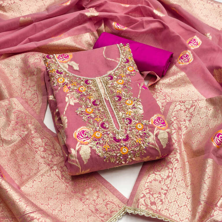 Graceful Pink Banarasi Cotton Silk Embroidered Salwar Suit For Engagement - Image 2