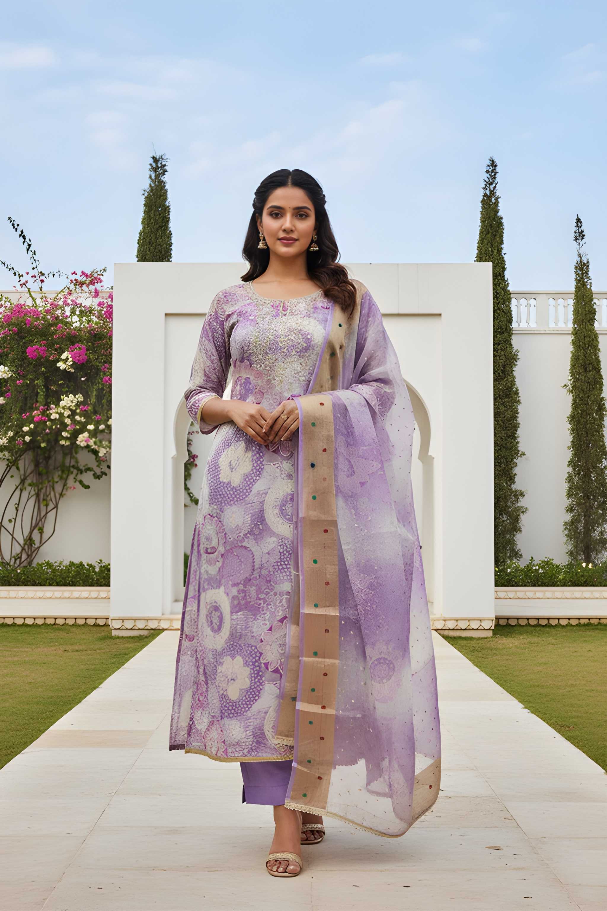 Lavender Modal Silk Unstitched Suit with Organza Jacquard Dupatta
