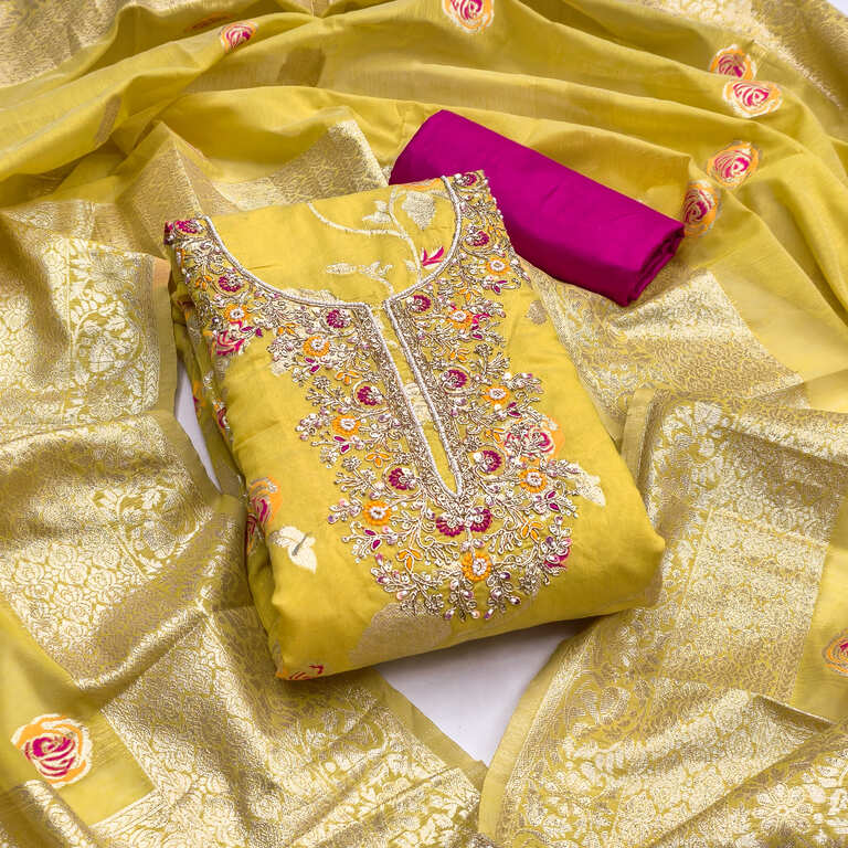 Premium Cotton Silk Yellow Unstitched Salwar Suit With Embroidered Work For Haldi - Image 2