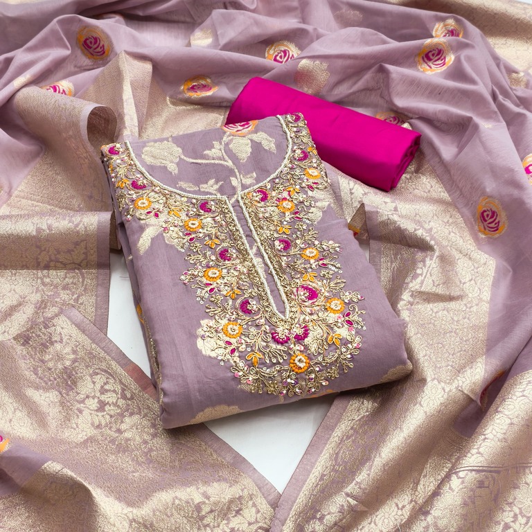 Designer Lavender Cotton Silk Salwar Suit with Hand Work & Matching Dupatta - Image 2