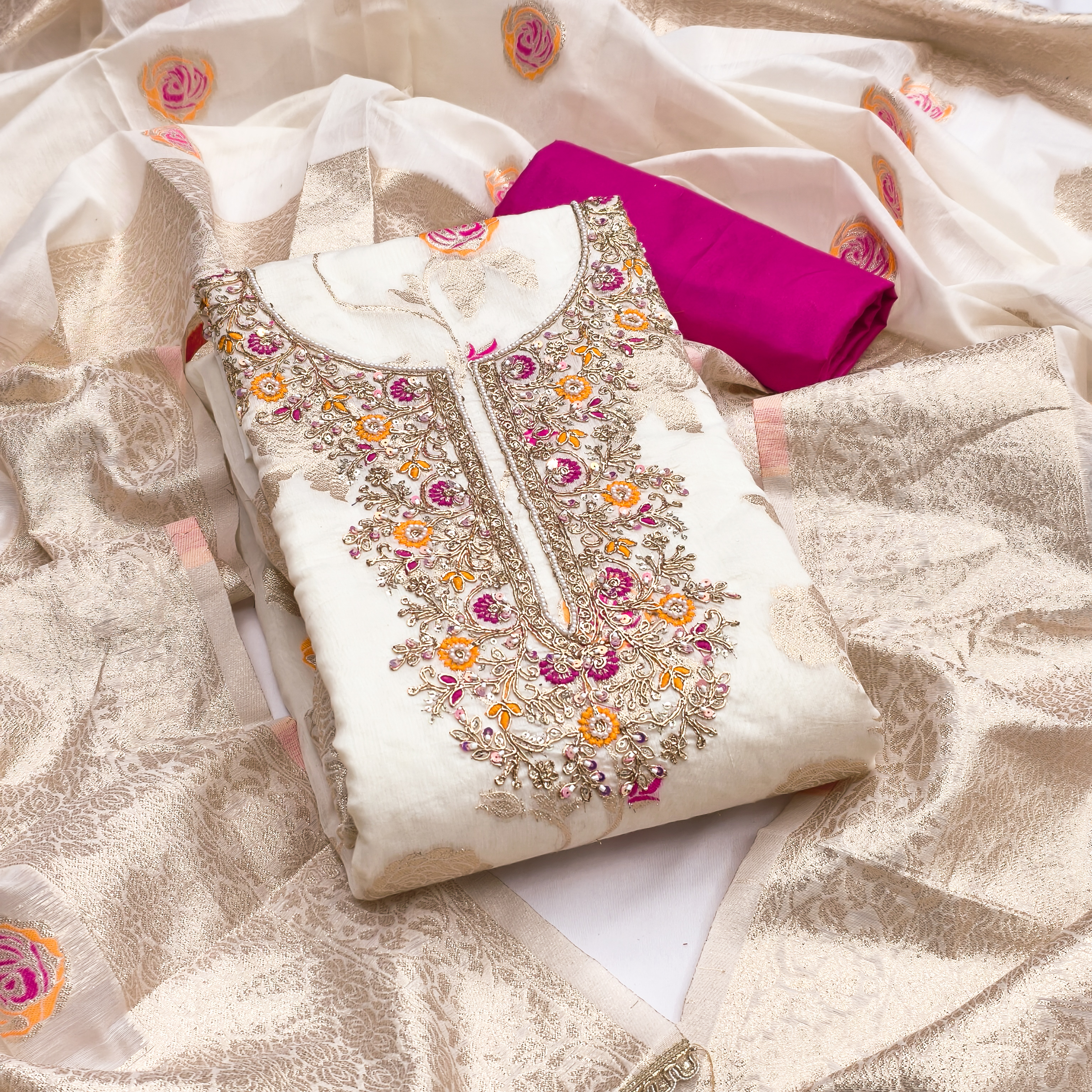 Cream Banarasi Cotton Silk Hand Work Salwar Suit For Casual - Image 2