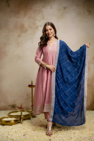 Designer Vichitra Silk Pink Embroidered Salwar Suit Set with Dupatta for Women