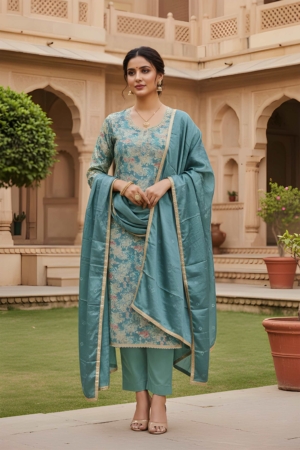 Festive Blue Modal Silk Handwork Unstitched Suit with Naznin Dupatta