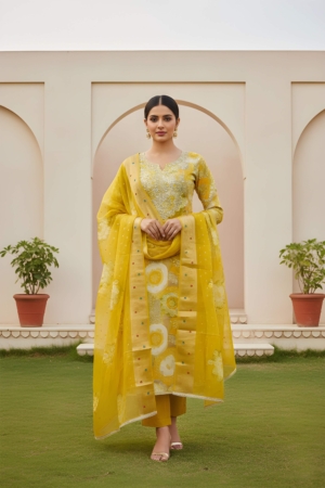 Elegant Yellow Modal Silk Unstitched Suit with Organza Jacquard Dupatta