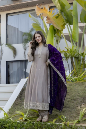 Premium Vichitra Silk Grey Embroidered Suit Set with Matching Dupatta for Wedding